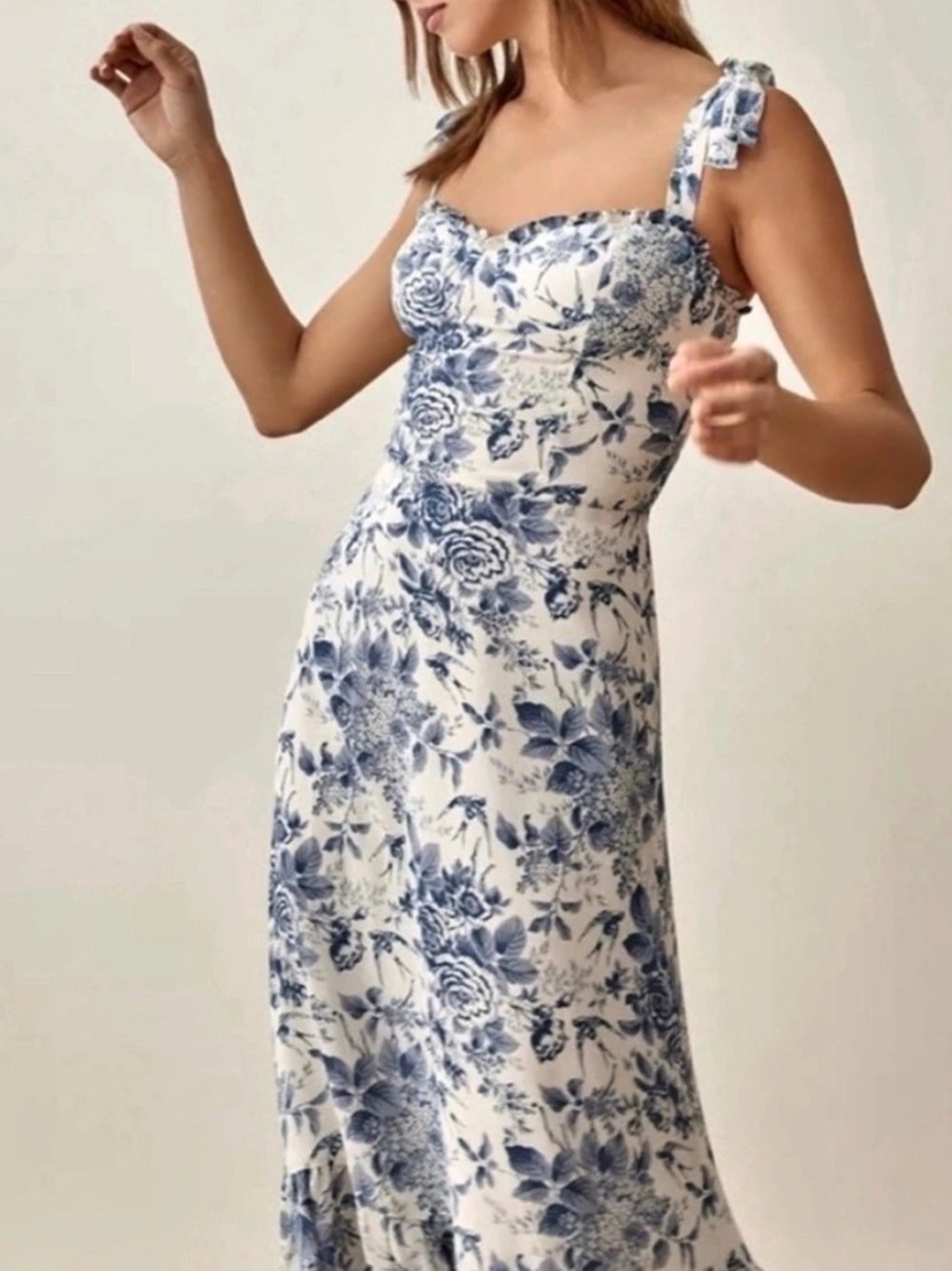 Reformation Nikita Dress Floral Midi in White & Blue Size 6